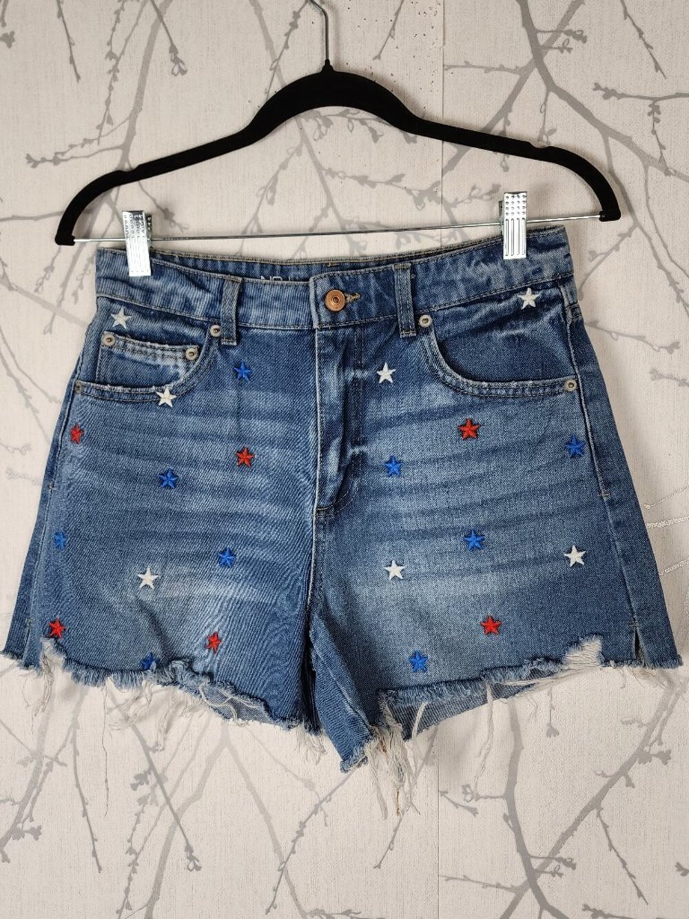 No Boundaries Red White Blue Stars Embroidered High Rise Jean Shorts